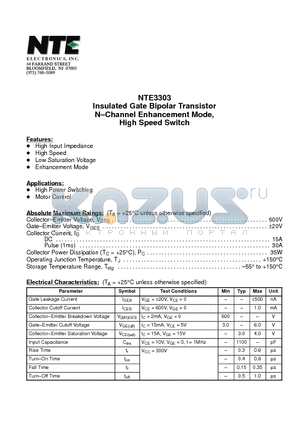 NTE3303 datasheet - Insulated Gate Bipolar Transistor N-Channel Enhancement Mode, High Speed Switch