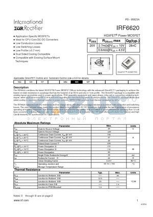 IRF6620 datasheet - HEXFETPower MOSFET