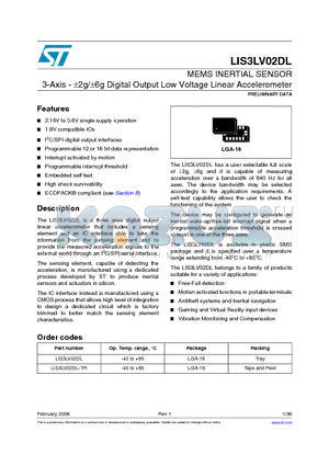 LIS3LV02DL datasheet - MEMS INERTIAL SENSOR 3-Axis - a2g/a6g Digital Output Low Voltage Linear Accelerometer