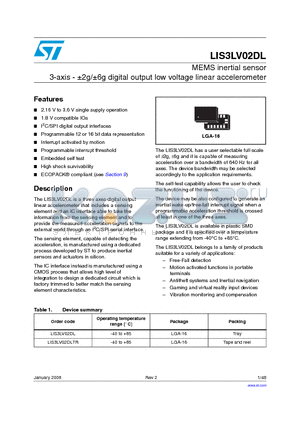 LIS3LV02DL datasheet - MEMS inertial sensor 3-axis - a2g/a6g digital output low voltage linear accelerometer