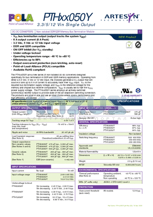 PTH05050YAZT datasheet - DC-DC CONVERTERS Non-isolated DDR/QDR Memory Bus Termination Module