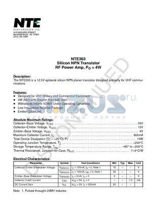 NTE363 datasheet - Silicon NPN Transistor RF Power Amp, PO = 4W