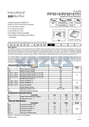 IRF6618TR1 datasheet - HEXFET Power MOSFET