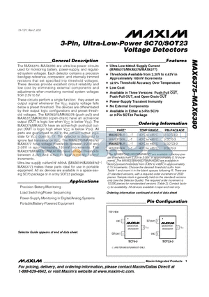 MAX6376XR24-T datasheet - 3-Pin, Ultra-Low-Power SC70/SOT23 Voltage Detectors