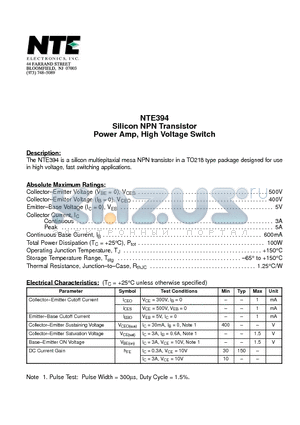 NTE394 datasheet - Silicon NPN Transistor Power Amp, High Voltage Switch