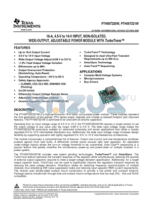 PTH08T220WAH datasheet - 16-A, 4.5-V to 14-V INPUT, NON-ISOLATED, WIDE-OUTPUT, ADJUSTABLE POWER MODULE WITH TurboTrans