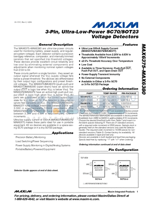 MAX6378_R40-T datasheet - 3-Pin, Ultra-Low-Power SC70/SOT23 Voltage Detectors