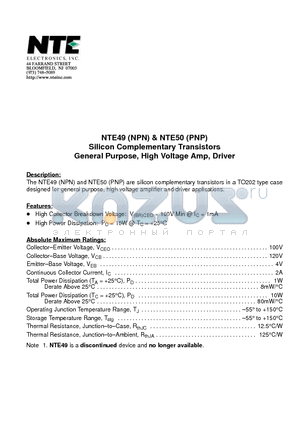 NTE49 datasheet - Silicon Complementary Transistors General Purpose, High Voltage Amp, Driver