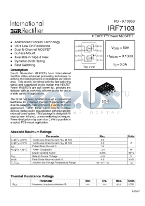 IRF7103 datasheet - Power MOSFET(Vdss=50V, Rds(on)=0.130ohm, Id=3.0A)