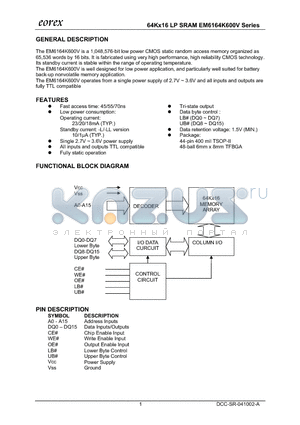 EM6164K600TBA-45IF datasheet - 64Kx16 LP SRAM