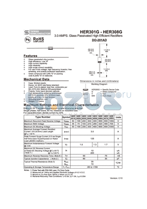HER301G_10 datasheet - 3.0 AMPS. Glass Passivated High Efficient Rectifiers