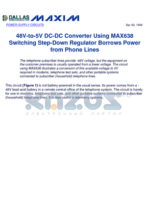 MAX638 datasheet - 48V-to-5V DC-DC Converter Using MAX638 Switching Step-Down Regulator Borrows Power from Phone Lines