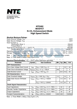 NTE492 datasheet - MOSFET N-Ch, Enhancement Mode High Speed Switch