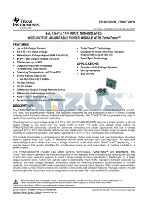 PTH08T231WAZ datasheet - 6-A, 4.5-V to 14-V INPUT, NON-ISOLATED, WIDE-OUTPUT, ADJUSTABLE POWER MODULE WITH TurboTrans