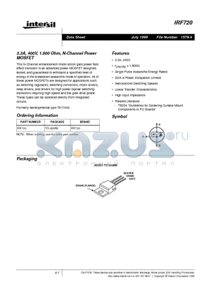 IRF720 datasheet - 3.3A, 400V, 1.800 Ohm, N-Channel Power MOSFET