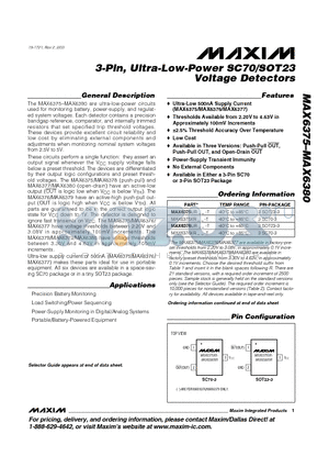 MAX6380UR44-T datasheet - 3-Pin, Ultra-Low-Power SC70/SOT23 Voltage Detectors