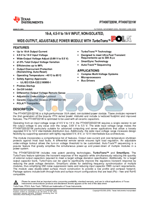 PTH08T221WAZT datasheet - 16-A, 4.5-V to 14-V INPUT, NON-ISOLATED, WIDE-OUTPUT, ADJUSTABLE POWER MODULE WITH TurboTrans