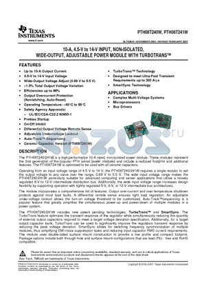 PTH08T240WAD datasheet - 10-A, 4.5-V to 14-V INPUT, NON-ISOLATED, WIDE-OUTPUT, ADJUSTABLE POWER MODULE WITH TURBOTRANS