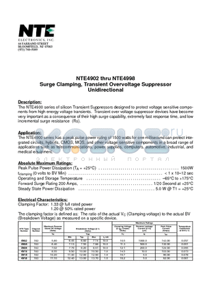 NTE4964 datasheet - Surge Clamping, Transient Overvoltage Suppressor Unidirectional