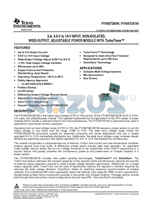 PTH08T261W datasheet - 3-A, 4.5-V to 14-V INPUT, NON-ISOLATED, WIDE-OUTPUT, ADJUSTABLE POWER MODULE WITH TurboTrans
