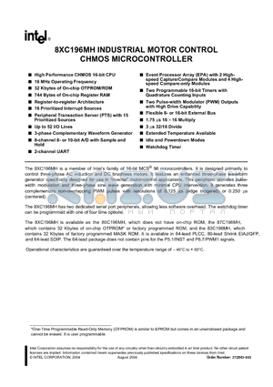 N8XC196MD datasheet - 8XC196MH INDUSTRIAL MOTOR CONTROL CHMOS MICROCONTROLLER