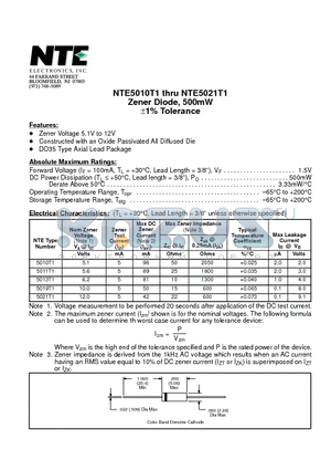 NTE5010T1 datasheet - Zener Diode, 500mW a1% Tolerance