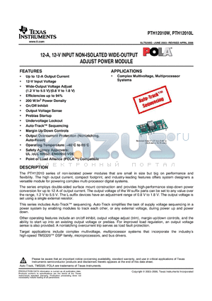 PTH12010LAZT datasheet - 12-A, 12-V INPUT NON-ISOLATED WIDE-OUTPUT ADJUST POWER MODULE