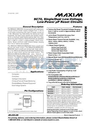 MAX6381XS27D4-T datasheet - SC70, Single/Dual Low-Voltage, Low-Power lP Reset Circuits