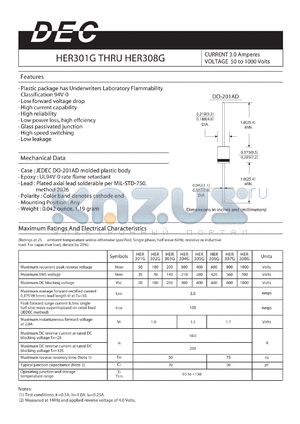 HER303G datasheet - CURRENT 3.0 Amperes VOLTAGE 50 to 1000 Volts