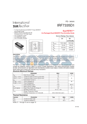 IRF7335D1 datasheet - Dual FETKY CO-PACKAGED DUAL MOSFET PLUS SCHOTTKY DIODE