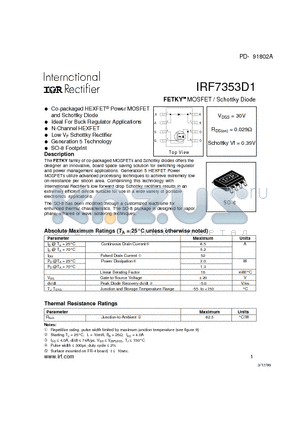 IRF7353D1 datasheet - FETKY  MOSFET / Schottky Diode