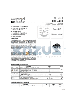 IRF7401 datasheet - Power MOSFET(Vdss=20V, Rds(on)=0.022ohm)