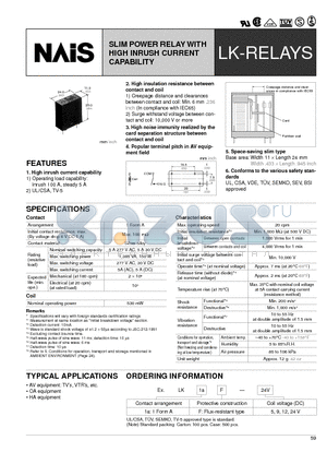 LK1AF-9V datasheet - SLIM POWER RELAY WITH HIGH INRUSH CURRENT CAPABILITY