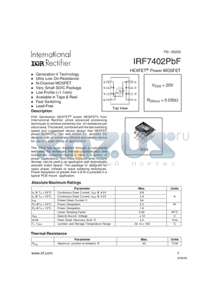 IRF7402PBF datasheet - HEXFET^ Power MOSFET