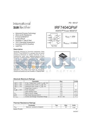 IRF7404QPBF datasheet - HEXFET Power MOSFET ( VDSS = -20V , RDS(on) = 0.040Y )