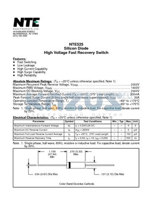 NTE525 datasheet - Silicon Diode High Voltage Fast Recovery Switch