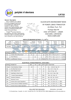 LK722 datasheet - SILICON GATE ENHANCEMENT MODE RF POWER LDMOS TRANSISTOR Push - Pull