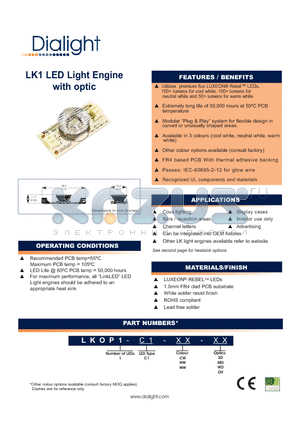 LKOP1-C1-NW-MD datasheet - LK1 LED Light Engine with optic