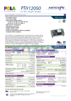 PTH12050WAHT datasheet - DC-DC CONVERTERS POLA Non-isolated