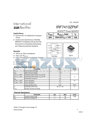 IRF7413ZPBF datasheet - Control FET for Notebool Processor Power, Control and Synchronous Rectifier