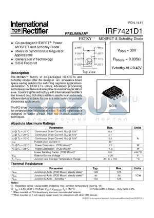 IRF7421D1 datasheet - MOSFET & Schottky Diode