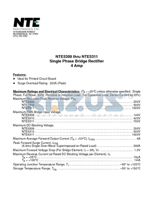 NTE5311 datasheet - Single Phase Bridge Rectifier 4 Amp