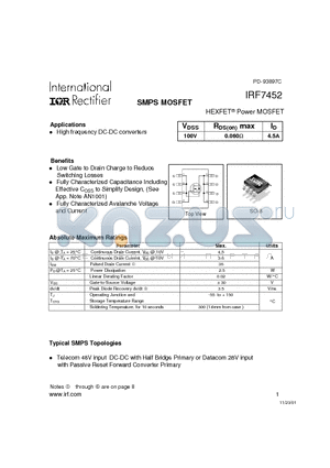 IRF7452 datasheet - Power MOSFET(Vdss=100V, Rds(on)max=0.060ohm, Id=4.5A)