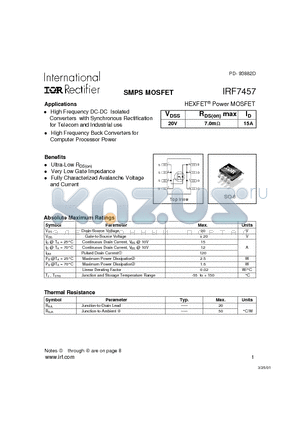 IRF7457 datasheet - Power MOSFET(Vdss=20V, Rds(on)max=7.0mohm, Id=15A)