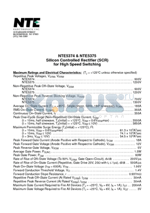 NTE5375 datasheet - Silicon Controlled Rectifier (SCR) for High Speed Switching