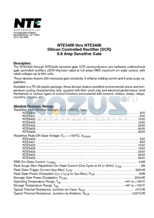 NTE5400 datasheet - Silicon Controlled Rectifier (SCR) 0.8 Amp Sensitive Gate