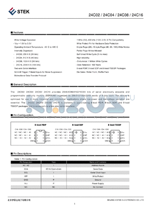 K24C020-RCT-A datasheet - 8-lead PDIP, 8-lead SOP and 8-lead TSSOP Packages
