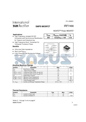 IRF7466 datasheet - Power MOSFET(Vdss=30V, Id=11A)