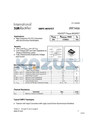 IRF7456 datasheet - Power MOSFET(Vdss=20V, Rds(on)max=0.0065ohm, Id=16A)
