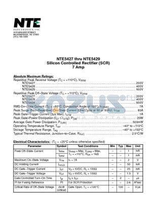 NTE5428 datasheet - Silicon Controlled Rectifier (SCR) 7 Amp